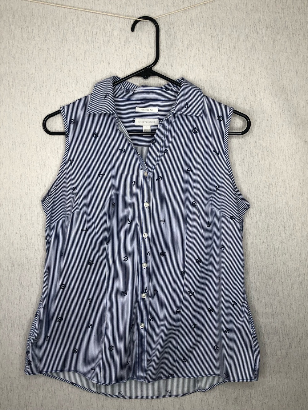 Charter Club Tailored Fit Sleeveless Shirt 4 Nautical Anchor Stripe Navy White